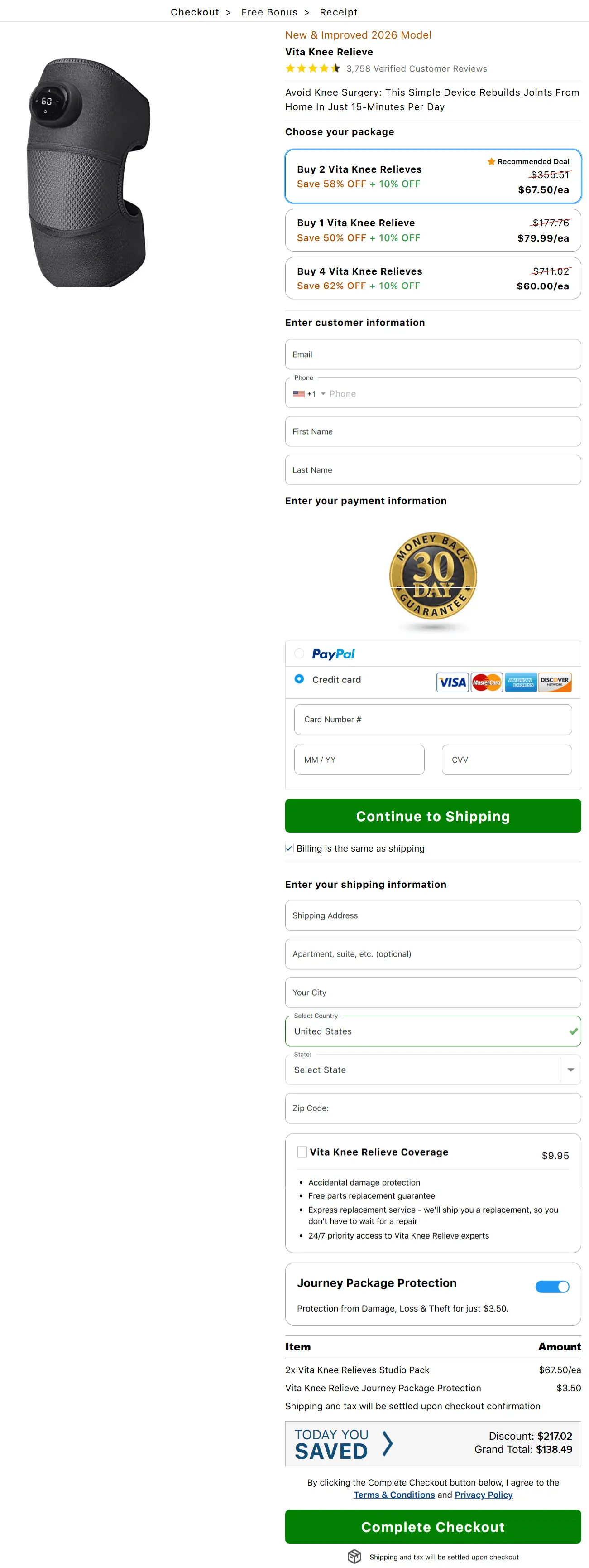 vita knee relieve secure checkout page